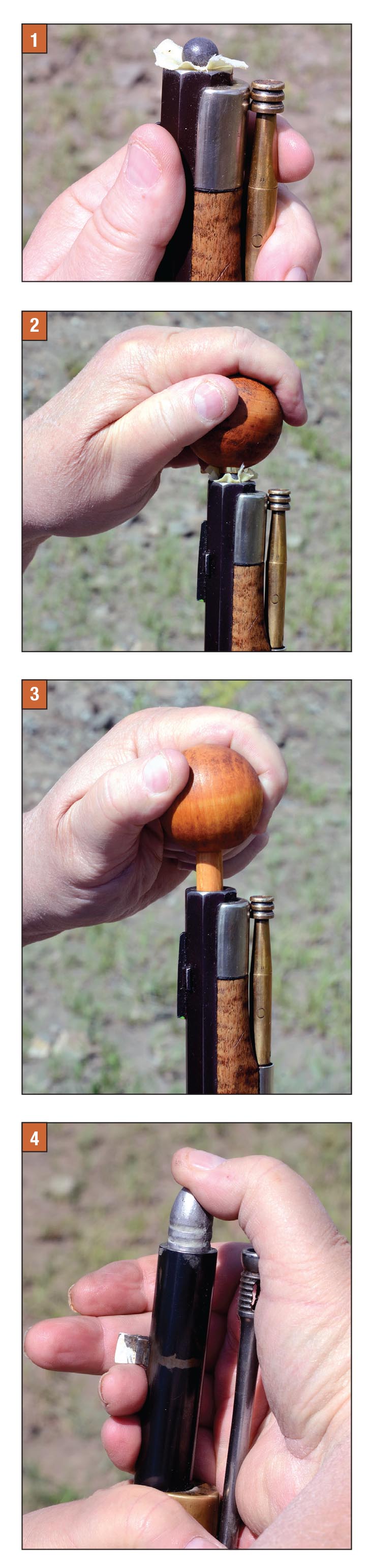 (1) The first step after charging the Kentucky long rifle is to set a patch over the muzzle with a roundball centered on it. (2) The second step is to push the patched roundball into muzzle with a bullet seater. A ball starter with brass stud helps get it started. (3) After the roundball is started it can be pushed farther in with the seater’s 6-inch rod. (4) In comparison, loading the Parker- Hale Model 1853 rifle-musket is simple. After the powder charge is dumped into the barrel, the Minié ball can be started by pushing it into the muzzle with thumb pressure.